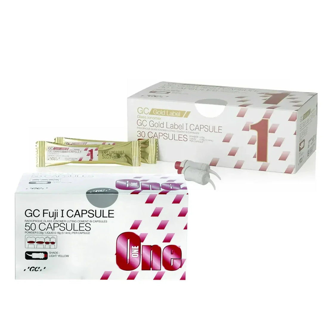 Boxes and capsules of GC dental cement showing how to use GC dental cement step by step for dental procedures