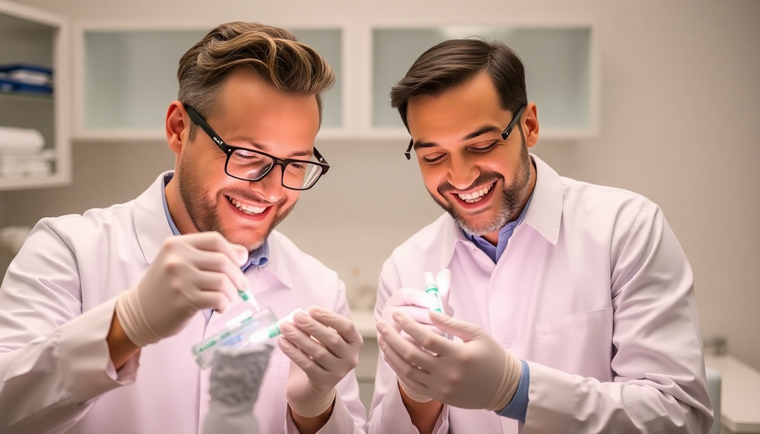 GC 1 vs CX 45GM comparison of dental products demonstrated by two professionals in lab coats