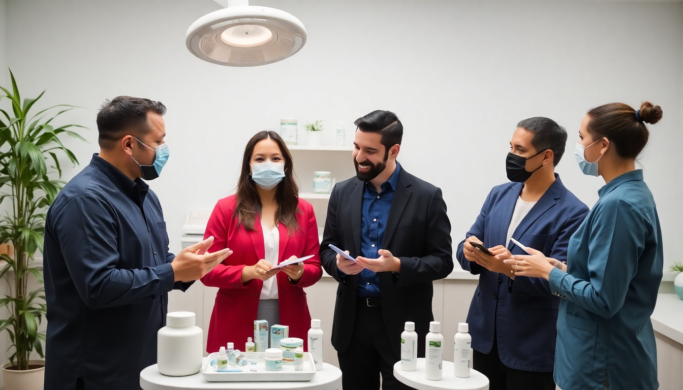 A team of professionals discussing dental products