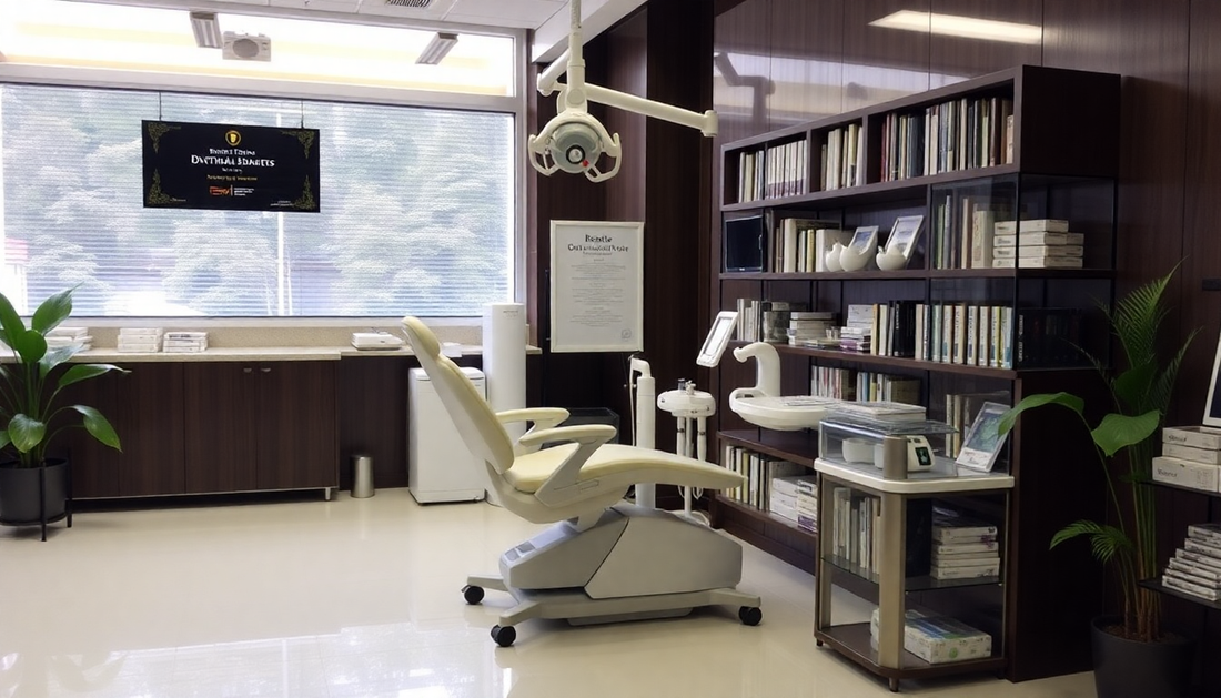 Modern dental clinic room with a dental chair and shelves to buy branded dental products online