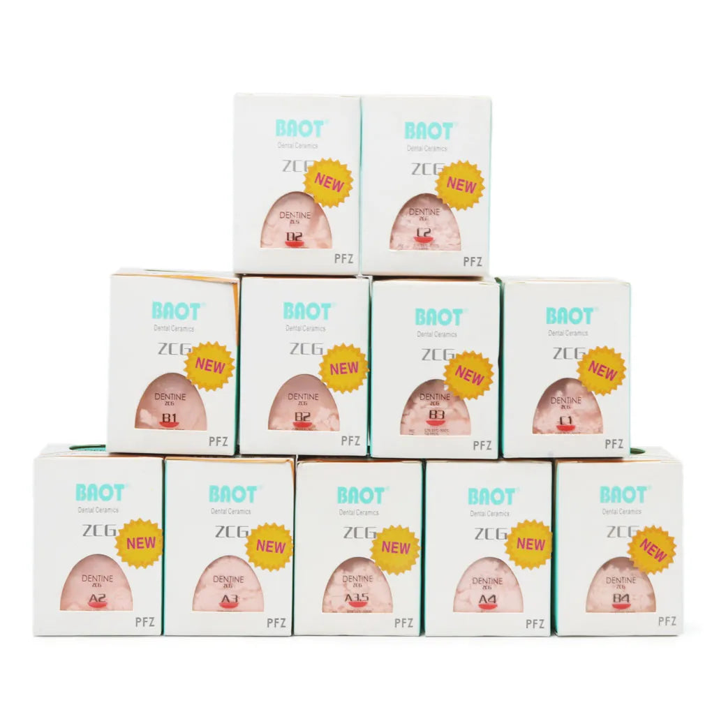 Baot ZCG dentine powder boxes stacked for dental professionals and labs