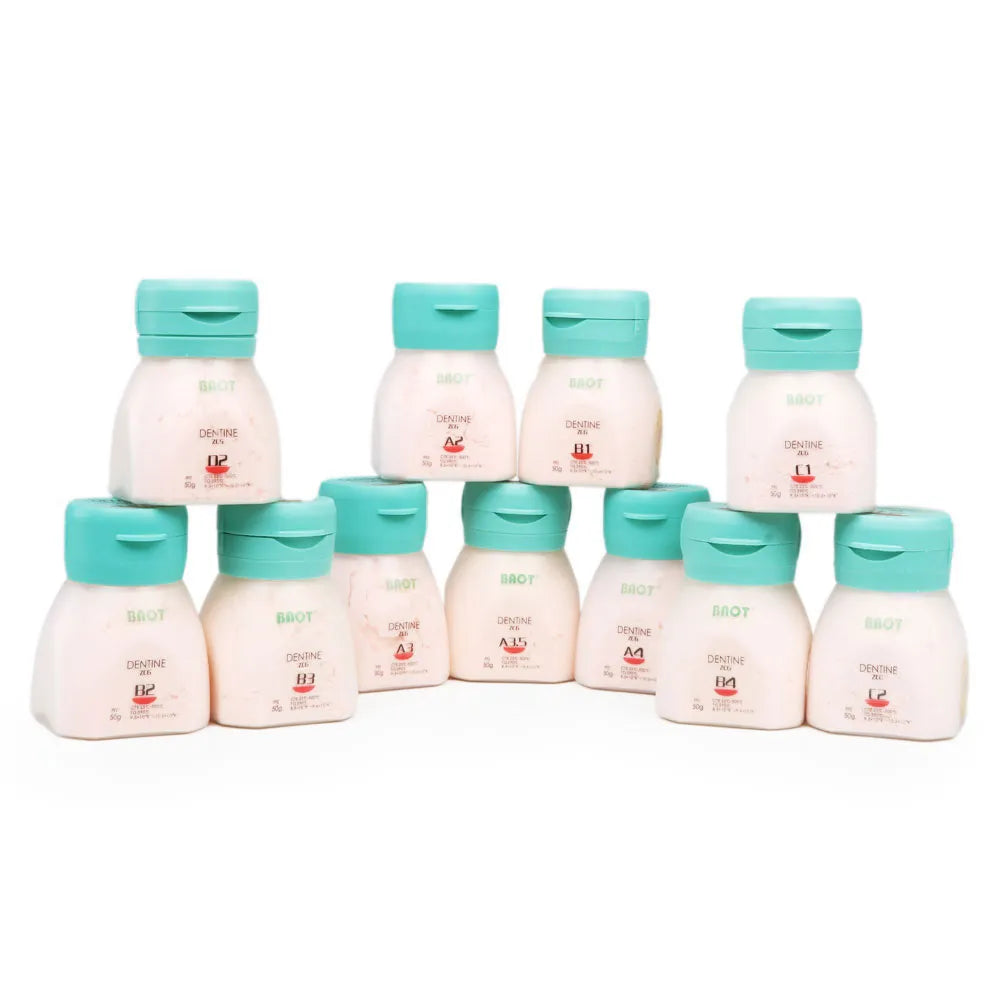 Baot ZCG dentine powder containers stacked for dental use in a professional setting
