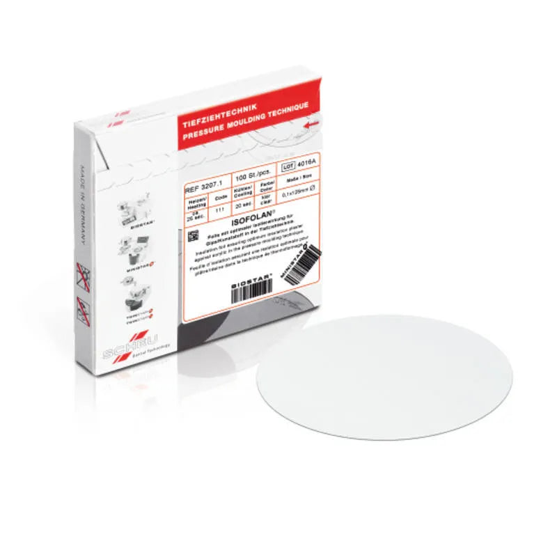 Isofolan dental foil 0.1mm round clear pressure molding disc with Beetle Dental retail box