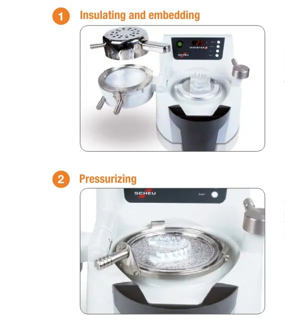 Isofolan dental foil 0.1mm used on lab embedding press showing insulating and pressurizing stages with metal casting rings