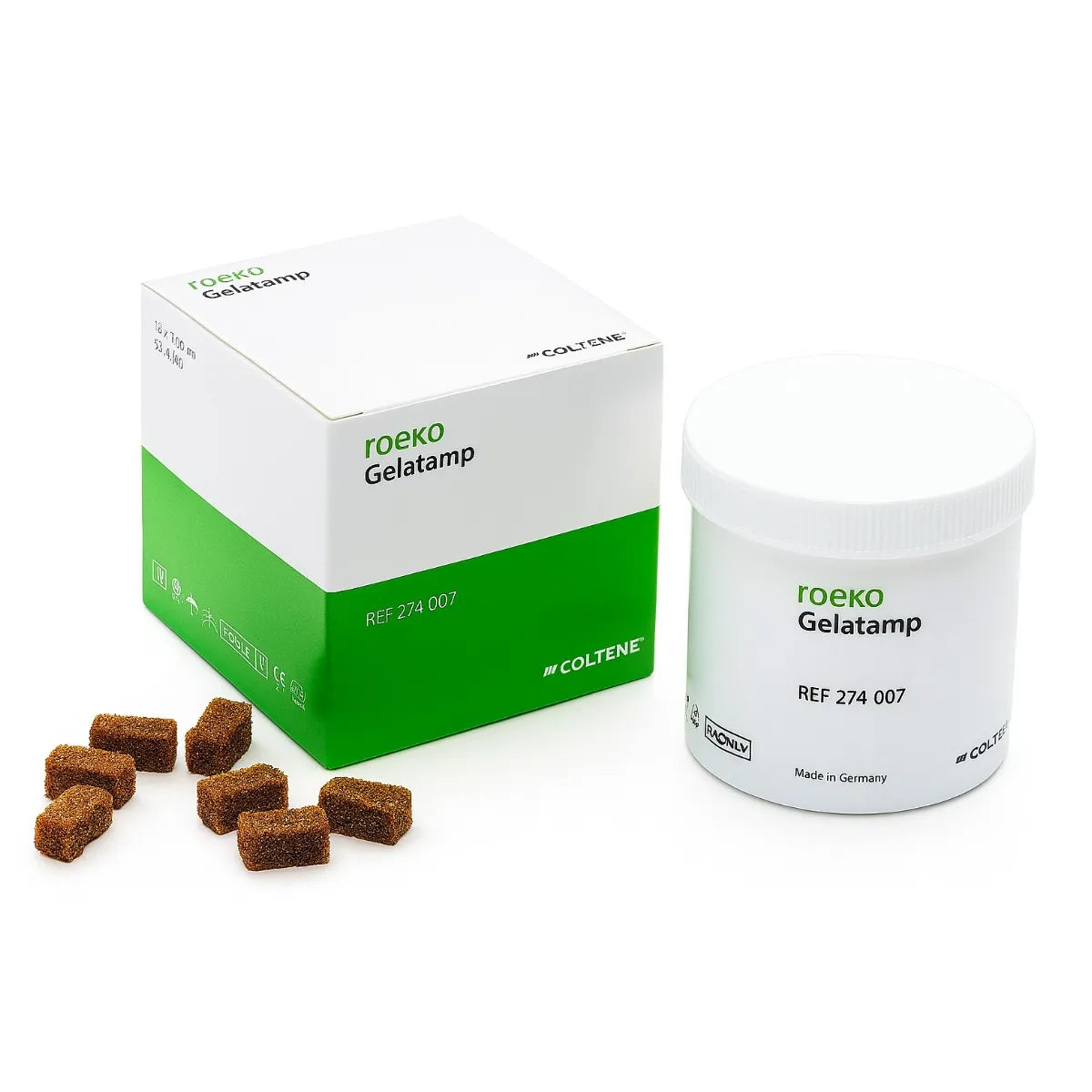 COLTENE Roeko Gelatemp dental impression material with packaging and sample pieces displayed