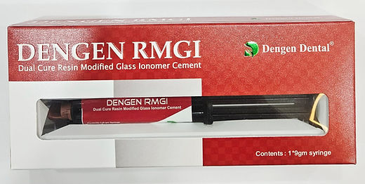 Dengen RMGIC dental cement box showing one 1.9g syringe of dual cure resin modified glass ionomer cement