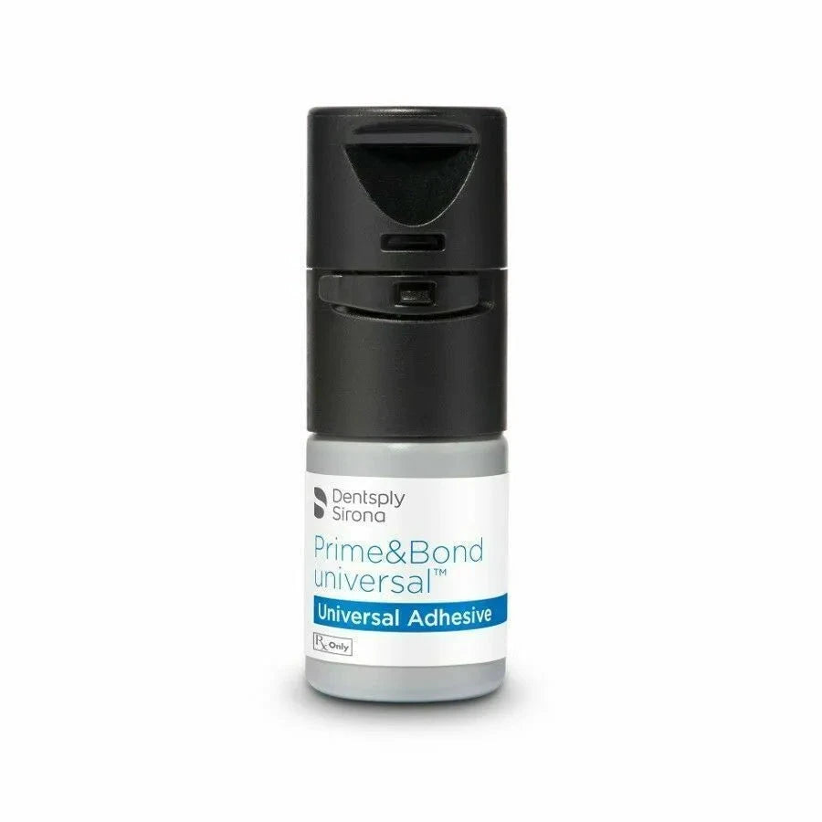 Dentsply Prime and Bond Universal adhesive in a sleek bottle for dental bonding applications