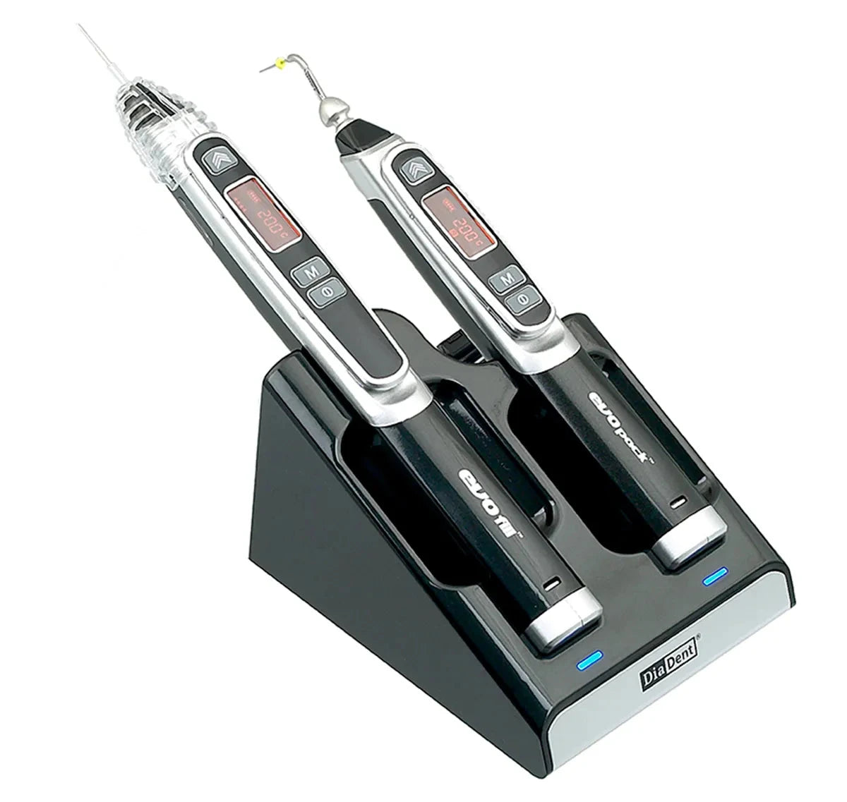 Diadent Evofill Duo Obturation System featuring dual battery-operated units with a charging stand