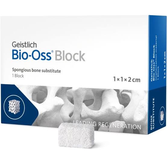 Geistlich Bio-Oss Block bone graft in a box, designed as a spongious bone substitute for regeneration