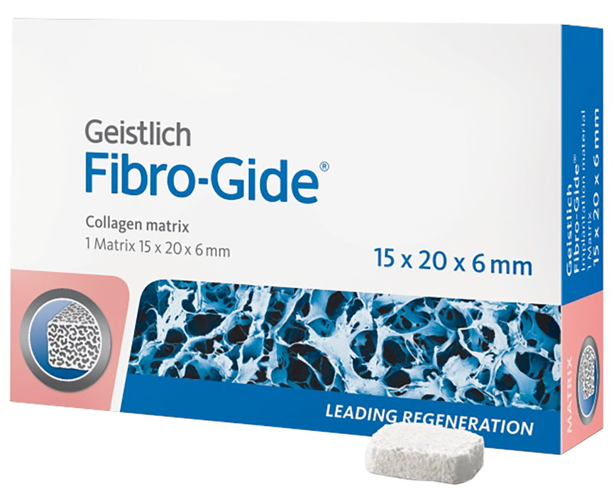 Geistlich Fibro-Gide collagen matrix packaging with one matrix size 15 x 20 x 6 mm for dental regeneration