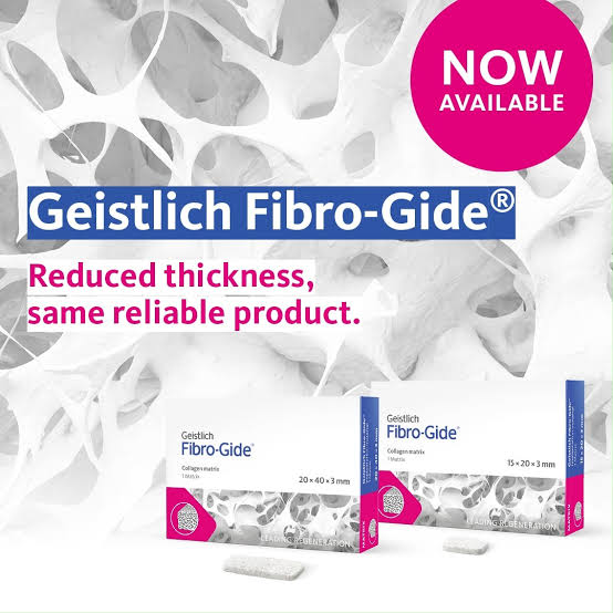 Geistlich Fibro-Gide collagen matrix packaging showcasing reduced thickness for dental applications