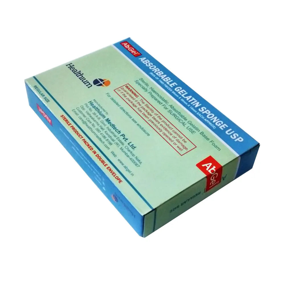 Healthium Abgel Sponge USP absorbable gelatin sponge for surgery by Beetle Dental in green and blue box