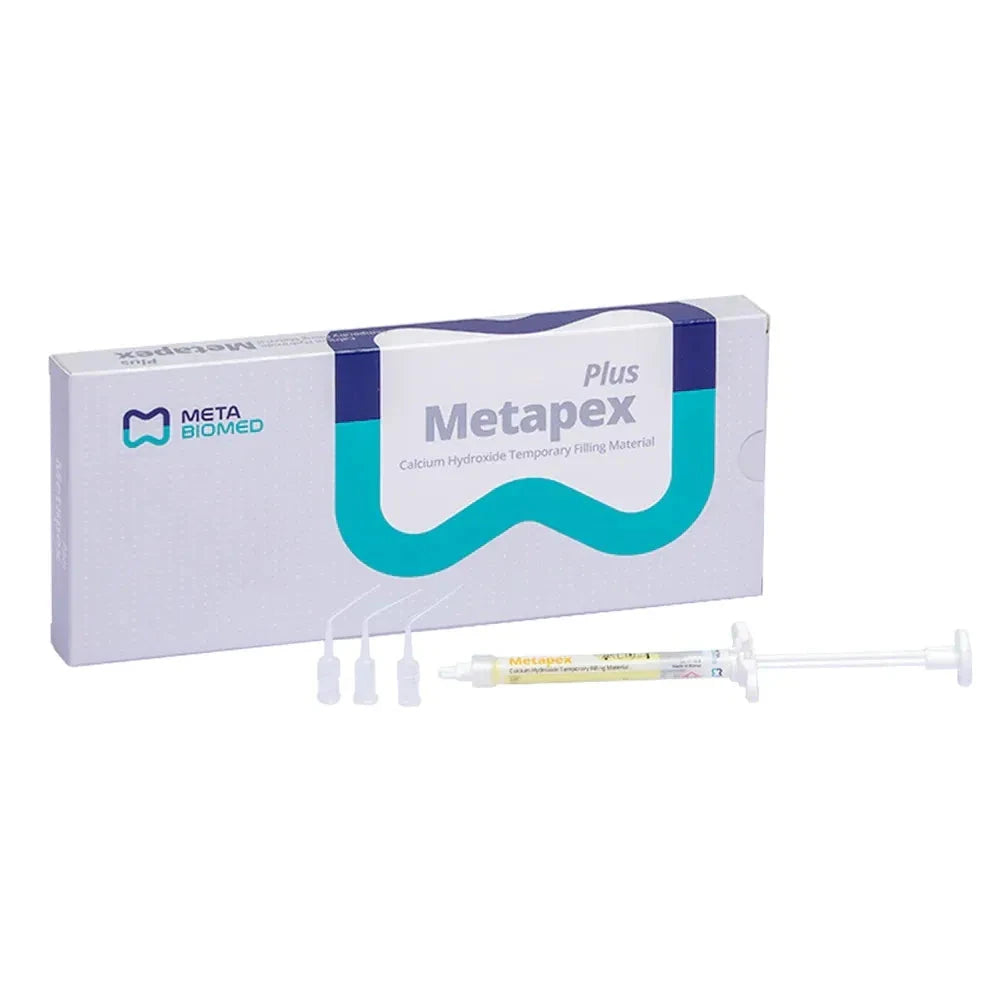 Meta Biomed Metapex dental material in a syringe with a box, ideal for temporary dental filling