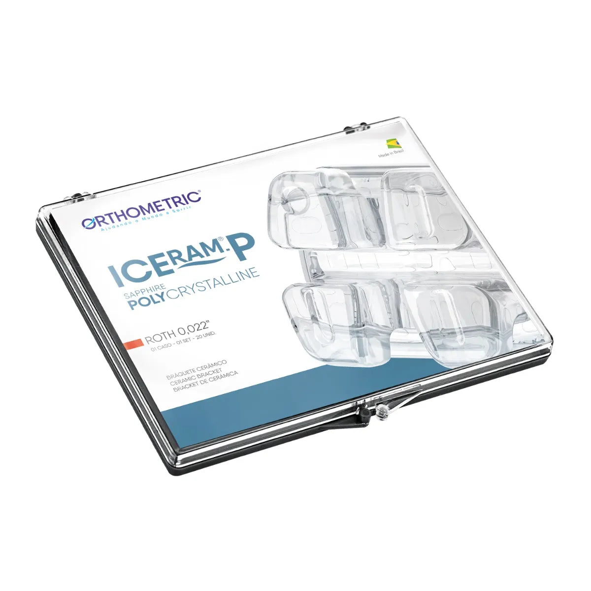 ICERAM:P polycrystalline ceramic bracket kit by Orthometric in clear packaging for orthodontic use