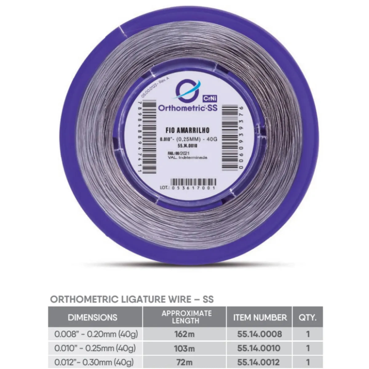 OrthoMetric SS round ligature wire on a spool, suitable for dental orthodontic applications