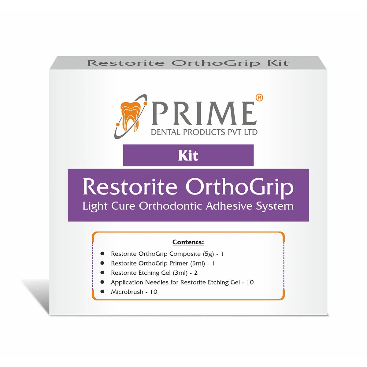 Restorite OrthoGrip Kit featuring light cure orthodontic adhesive system with essential components for dental use