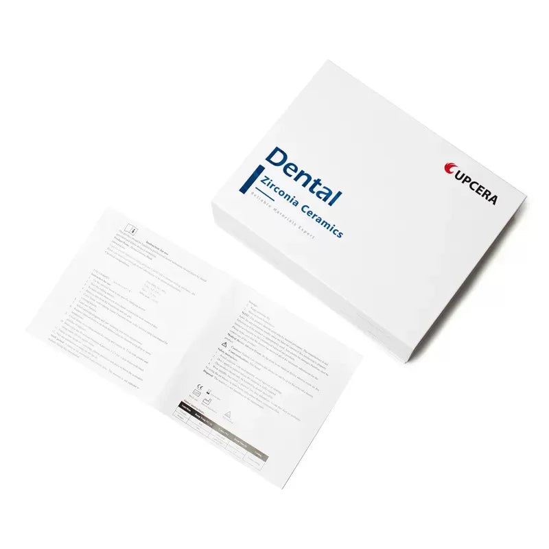 Upcera dental zirconia blanks packaging with instructions for dental use and application guide