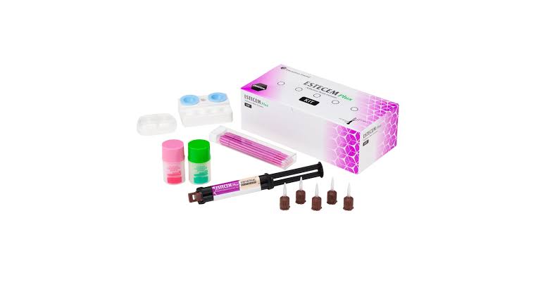 Tokuyama EsteCem II kit includes dental adhesive, applicators, and tools for effective bonding
