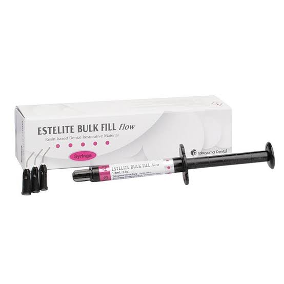 Tokuyama Estelite Bulk Fill Flowable Syringe with five application tips for dental restorations