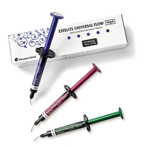 Tokuyama Estelite Universal Flow dental composite syringes in three shades for dental restoration