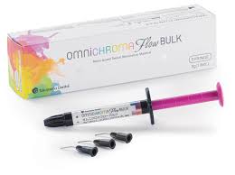Tokuyama Omnichroma Bulk Flow composite in a syringe with applicator tips for dental use