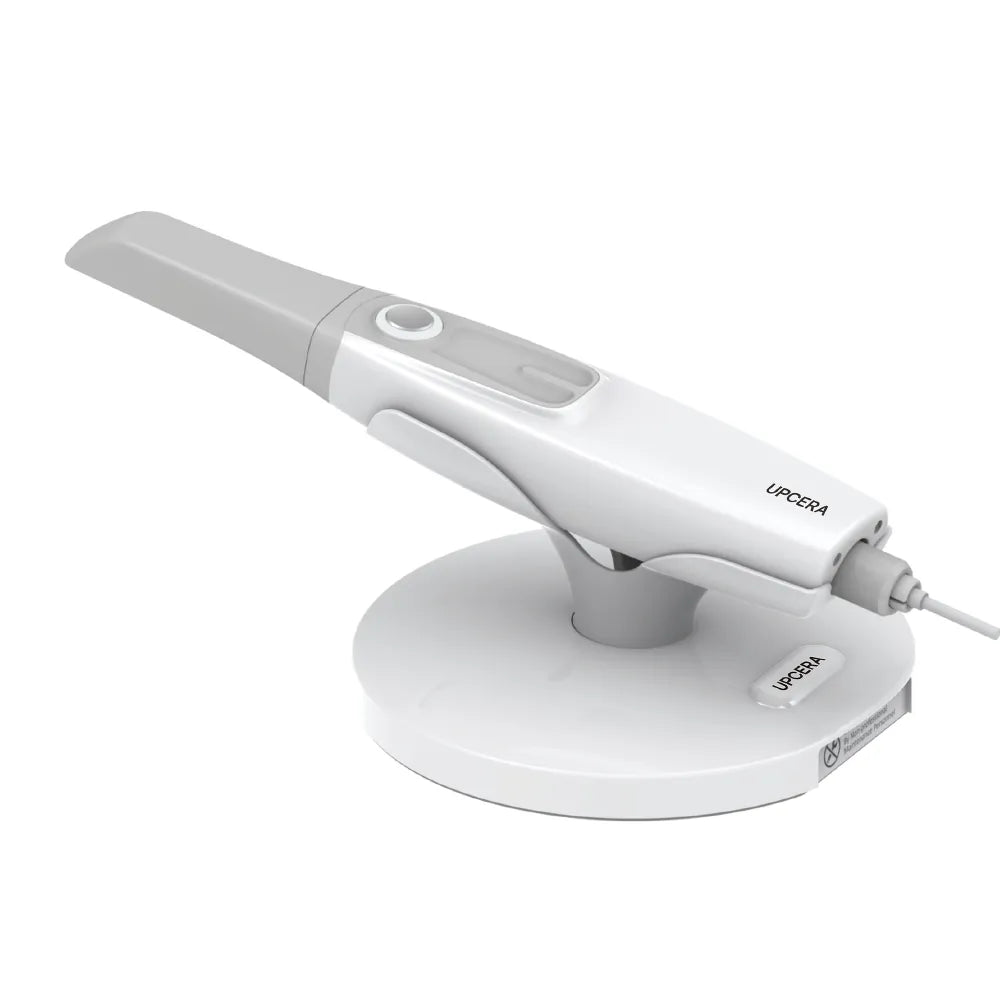 Upcera FLNTScan R1 intraoral scanner on a charging dock, designed for efficient dental imaging