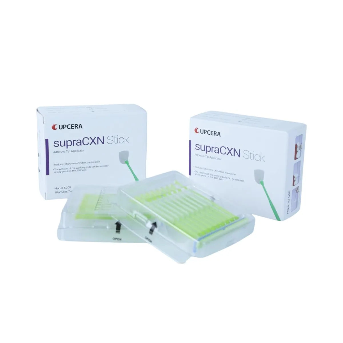 Upcera SupraCXN adhesive tip applicator in clear packaging, ideal for precise dental applications