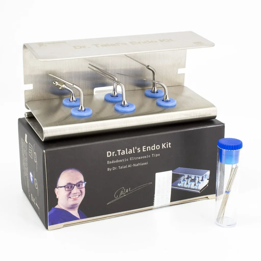 Woodpecker Dr Talal's Endo Kit ultrasonic endo tips with stainless steel stand and blue silicone bases