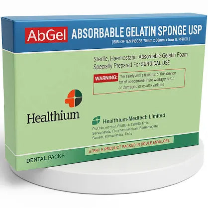 AbGel absorbable gelatin sponge for surgical use, featuring sterile hemostatic properties and packaging details.