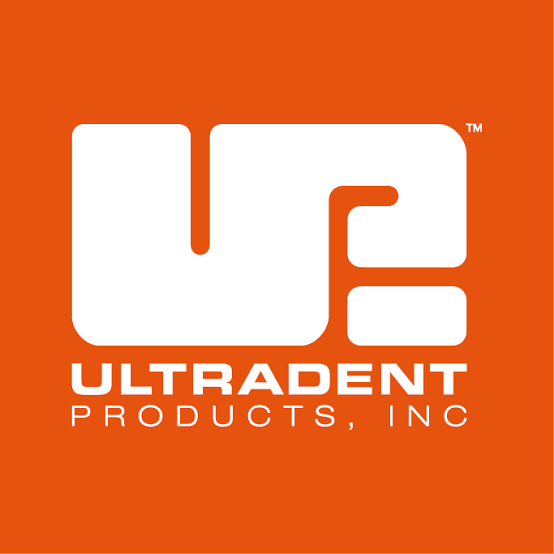 Ultradent dental products logo on a vibrant orange background for brand recognition