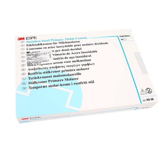 3M ESPE molar crowns packaging featuring stainless steel primary molar crowns for dental use