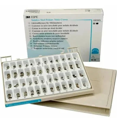 3M ESPE molar crowns in a dental kit featuring multiple sizes for effective tooth restoration