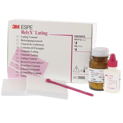3M ESPE RelyX Luting cement kit featuring liquid, powder, and application accessories for dental use