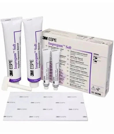 3M Impregum Soft dental impression material kit with tubes, mixing tips, and sheets for accurate impressions