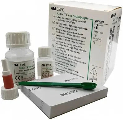 3M Ketac Cem dental cement kit including bottles, powder, and mixing tools for dental use