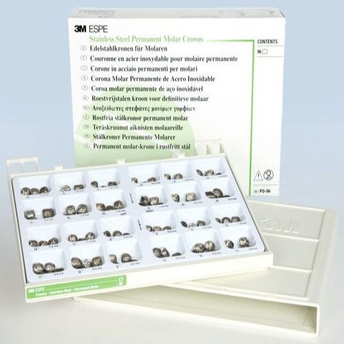 3M PO-96 dental crowns in a storage kit for permanent molar restoration options