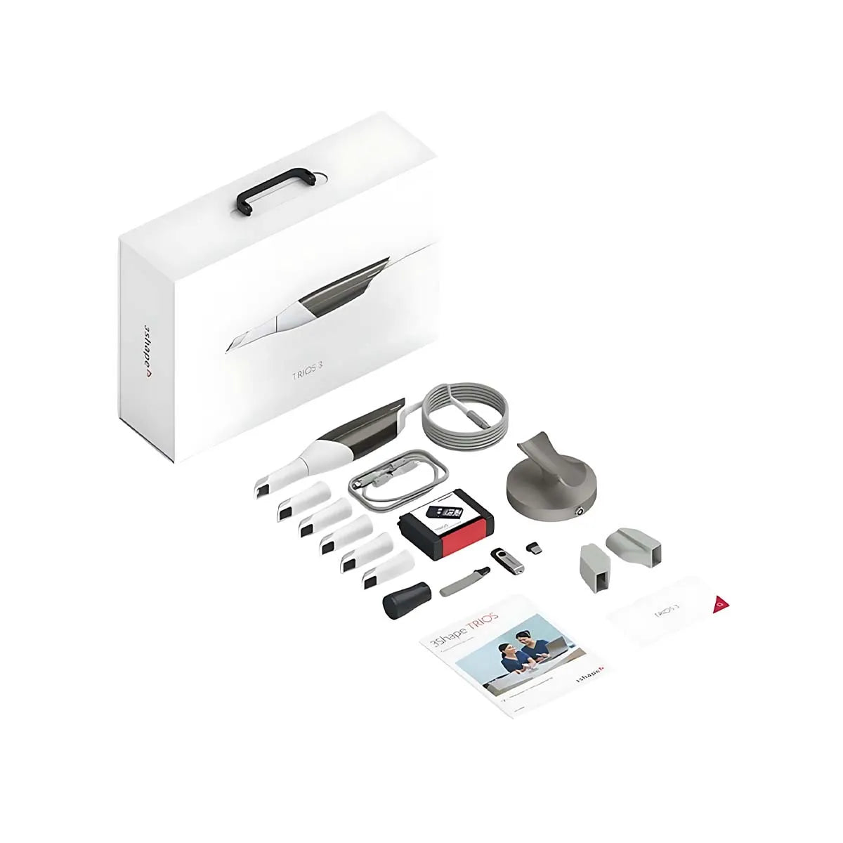 3Shape Trios 3 intraoral scanner kit showing white handheld scanner wand box multiple tips charging dock cables accessories