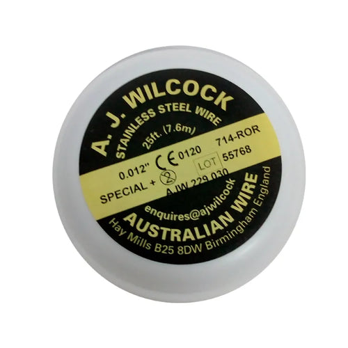 A J Wilcock stainless steel dental wire spool showing 0.012 inch 25 ft label Australian