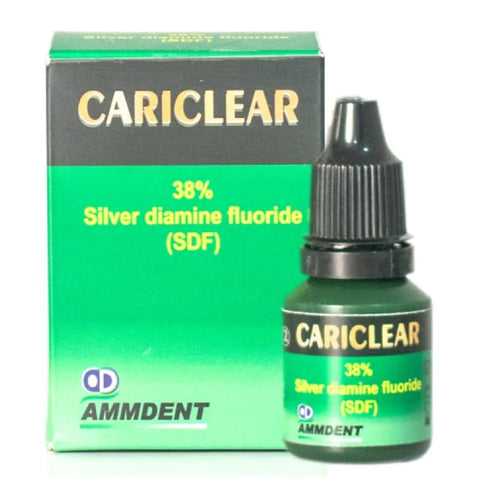 Ammdent Cariclear 38% silver diamine fluoride. Bottle and box by Beetle Dental for cavity arresting treatment