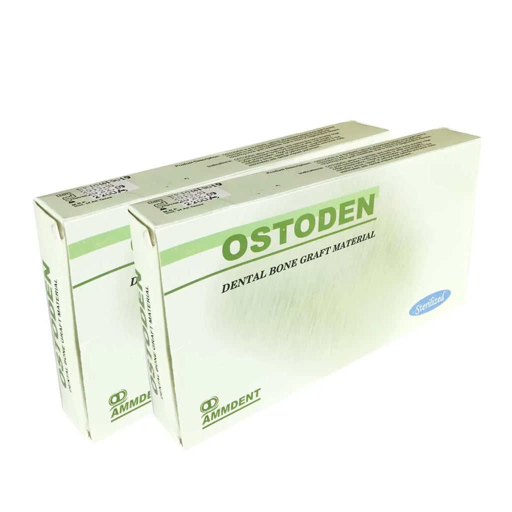 Two boxes of Ammdent Ostoden dental bone graft material in white green packaging for dental surgery