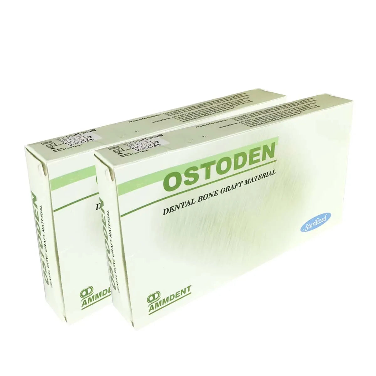 Two boxes of Ammdent Ostoden dental bone graft material in white green packaging for dental surgery