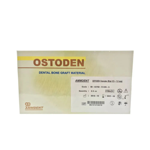 Ammdent Ostoden dental bone graft. White box of OSTODEN dental bone graft material in sterile packaging