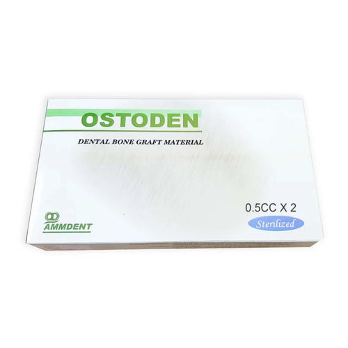 Ammdent Ostoden dental bone graft sterile half CC each two pack white box packaging for dental bone graft procedures