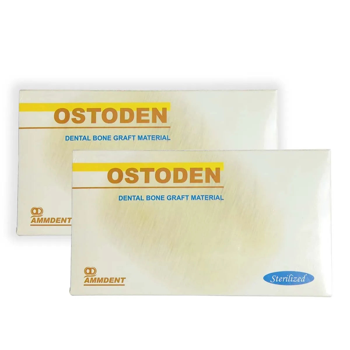 Ammdent Ostoden dental bone graft sterilized beige packaging showing two Ostoden dental bone graft material boxes