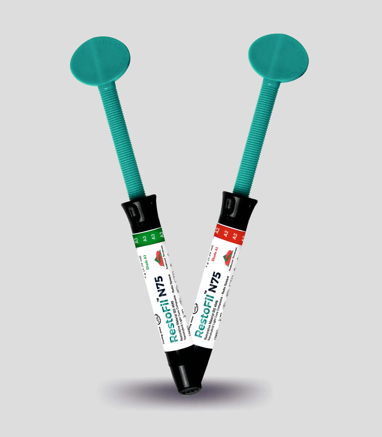 Anabond Restofill N75 dental composite syringes with green and red labels by Beetle Dental