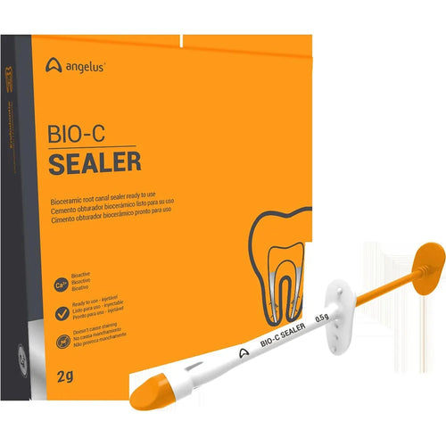 Angelus Bio-C Sealer for endodontics in a 2g syringe with a bright orange packaging