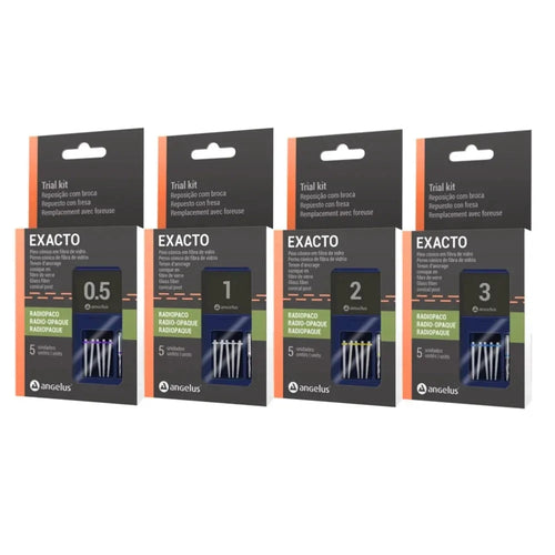 Angelus Exacto Fiber Post trial kits in four sizes 0.5, 1, 2, and 3 with radiopaque fiber posts
