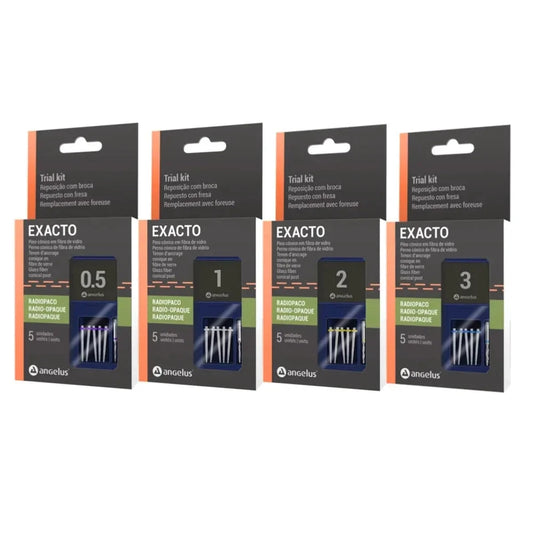 Angelus Exacto Fiber Post trial kits in four sizes 0.5, 1, 2, and 3 with radiopaque fiber posts
