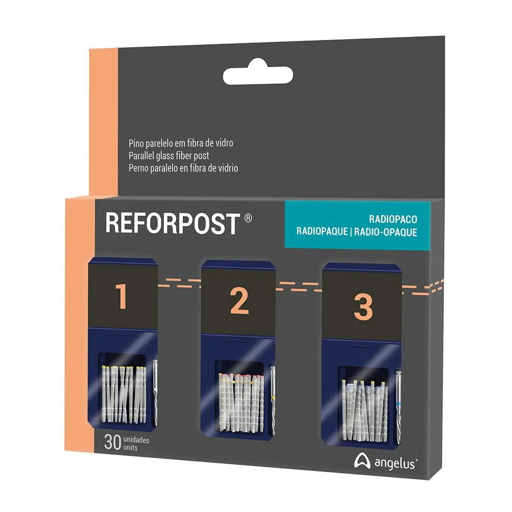 Angelus Fiber Post for Dentists package with 30 radiopaque glass fiber posts in three sizes