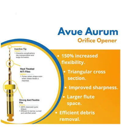 Avue Aurum rotary files orifice opener with increased flexibility triangular cross section and efficient debris removal